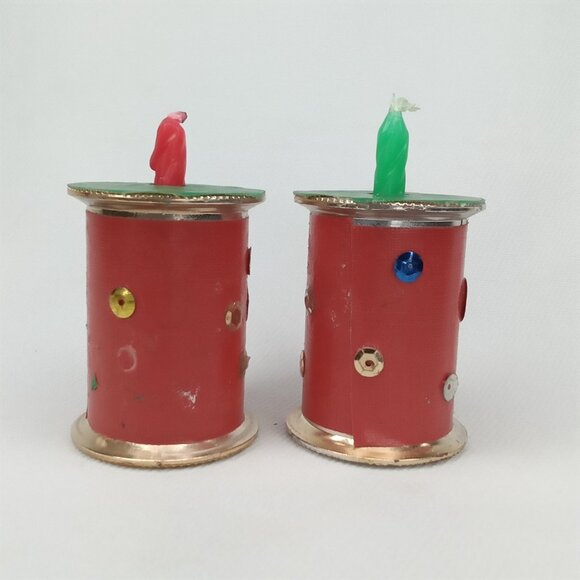 Vintage Christmas Candle Holders Set Of 2 Made From Thread Spools 1970s - Picture 6 of 9